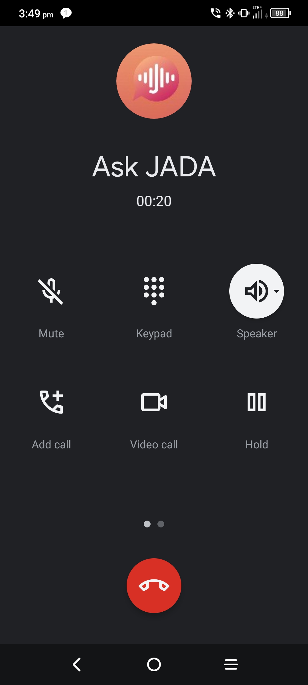 screenshot of active call with JADA
