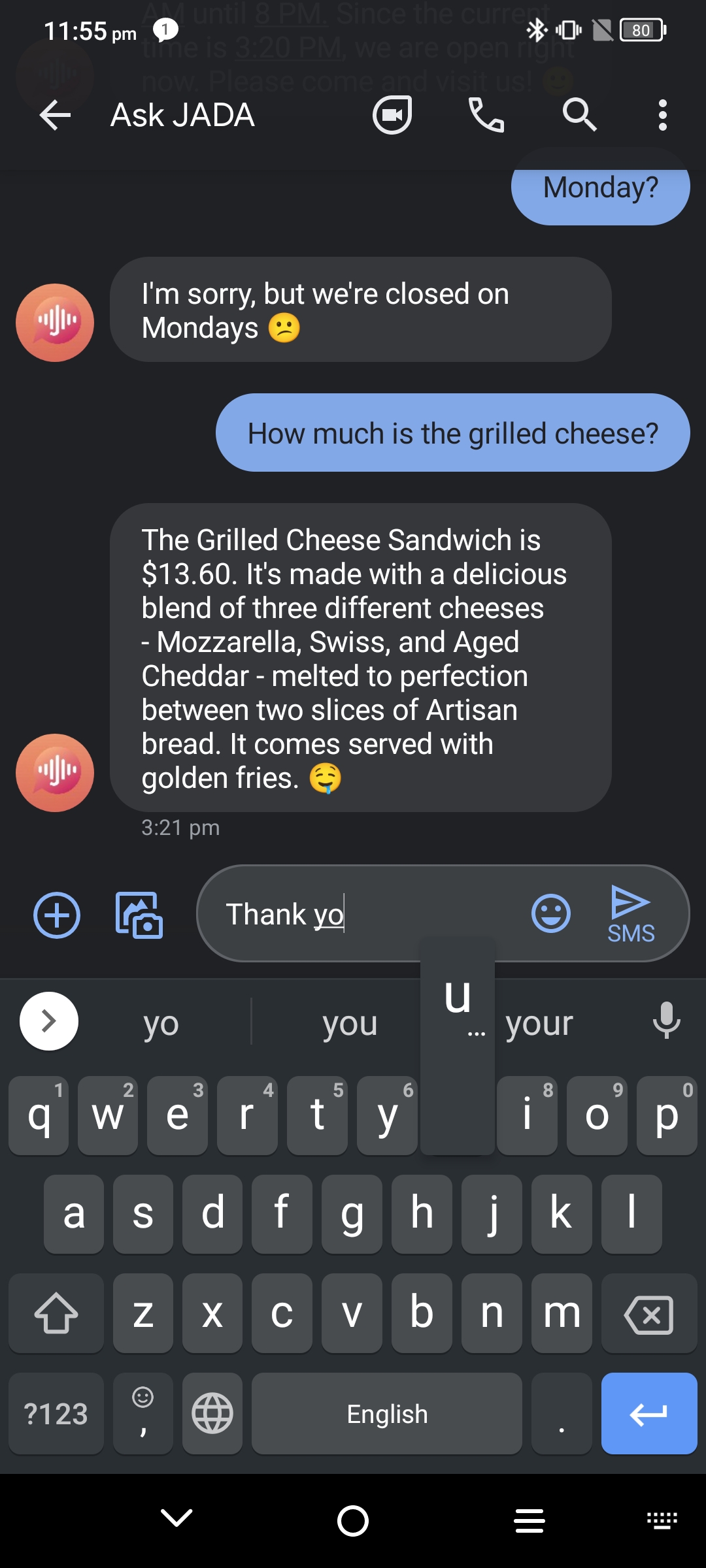 screenshot of active instant messaging with JADA